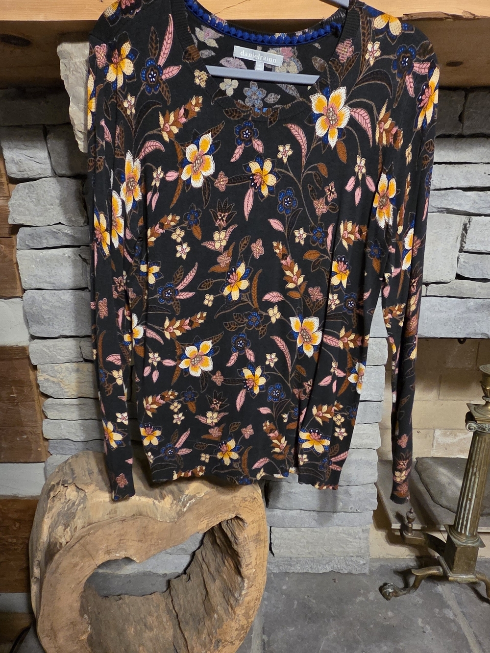 Daniel Rainn Black Floral Crewneck Sweater - Blue & Pink Accents